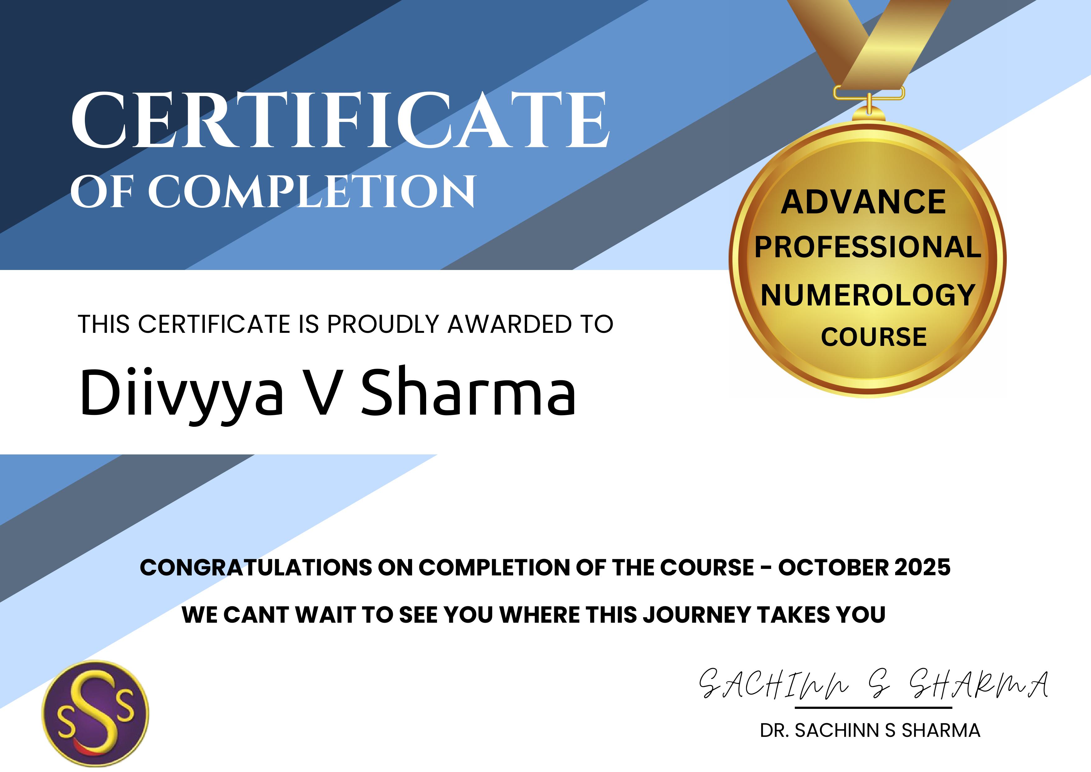 Adv Professional Numerology Course Certificate -Diivyya V Sharma